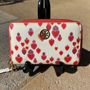 Tory Burch White Zip Wallet with Red and Purple Heart Print